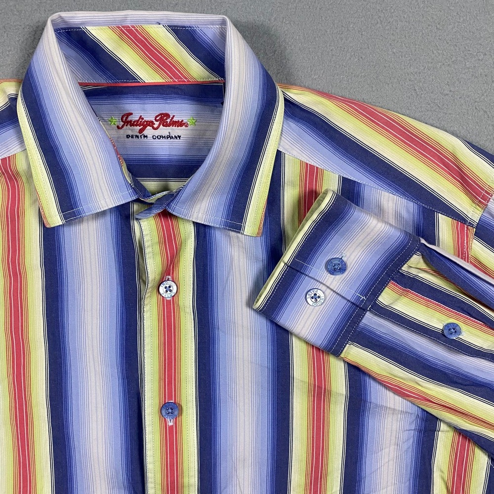Indigo Palms Mens Medium Striped Button Down Shirt Blue Yellow Red Long Sleeve